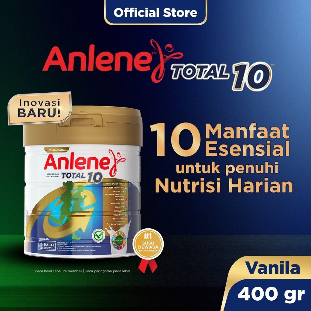 Anlene Total 10 Susu Bubuk Dewasa Vanila 400g - 10 Manfaat Esensial Tinggi Kalsium dan Protein