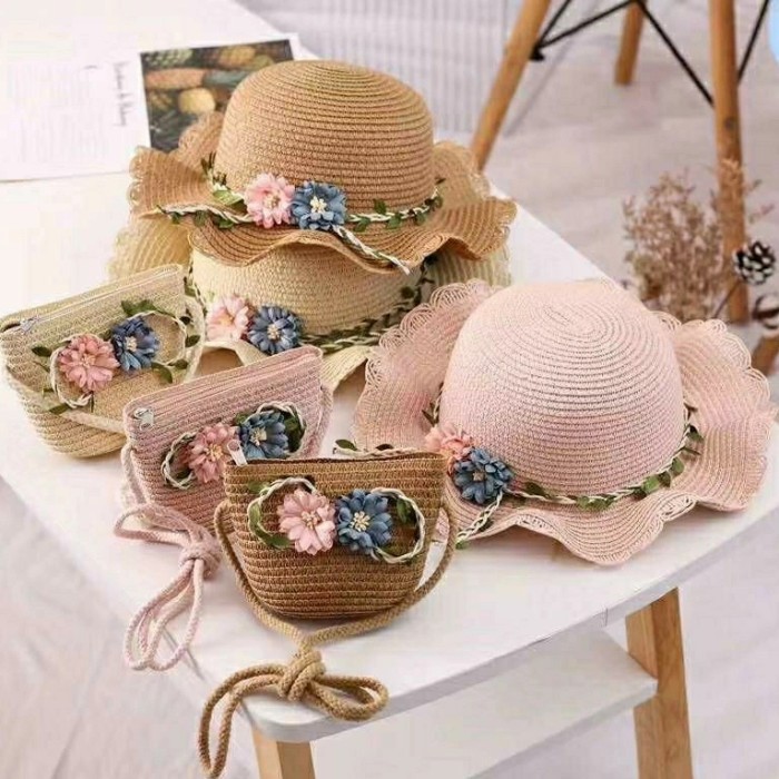 Topi Pantai Anak + Tas 1 Set Motif Bunga Jera Rajut Korea