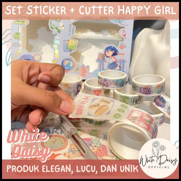 

DISKON SET STICKER TAPE + CUTTER HAPPY GIRL PREMIUM GIFT SET HADIAH ANAK LUCU !!