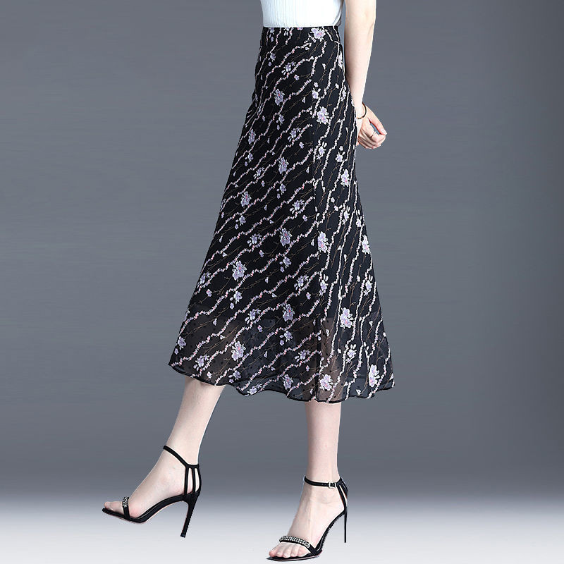 Rok Wanita Dress Sifon BaruaRok Floral Ramping Gaya Barat Panjang Setengah