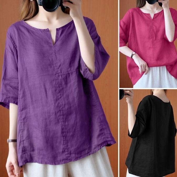 ZANZEA Muslim Wanita Kasual Longgar Atasan Shirt Solid Vintage Blus