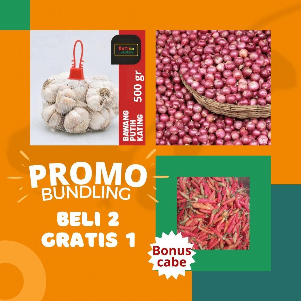 

Bawang Kating 250Gr + Bawang Merah Besar Sedang 250Gr Bonus Cabe 150 Gr Mirzbenda