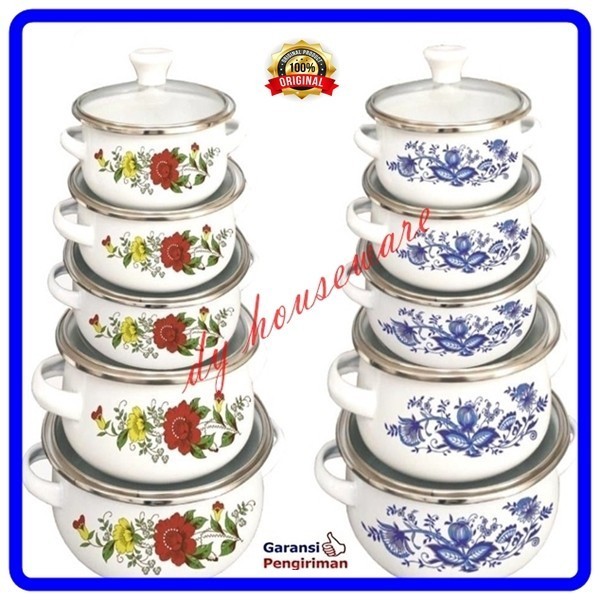 Panci Set Enamel 5 Susun Tutup Kaca / Panci 5 Set Motif Bunga 16-24 Cm