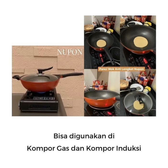 Panci Wok Pan Nupon Anti Lengket 36Cm Dan Tutup Kaca Kompor