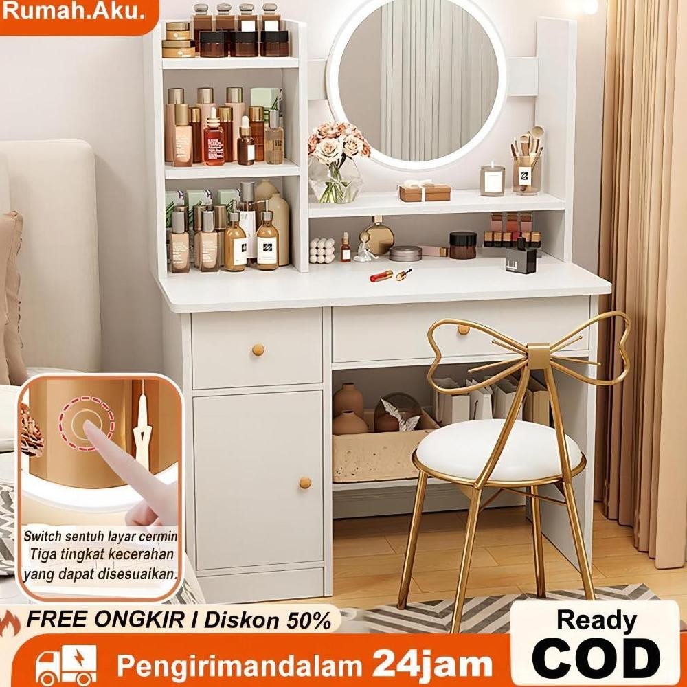 RA Meja rias kaca lampu LED /Meja Minimalis /Rak kosmetik / Meja perempuan /Meja Rias Kaca Bulat