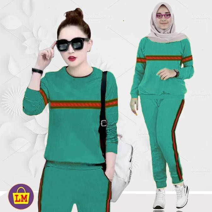 LM 03756 Baju Setelan Wanita Training Garis Termurah, Terkini ( XL )