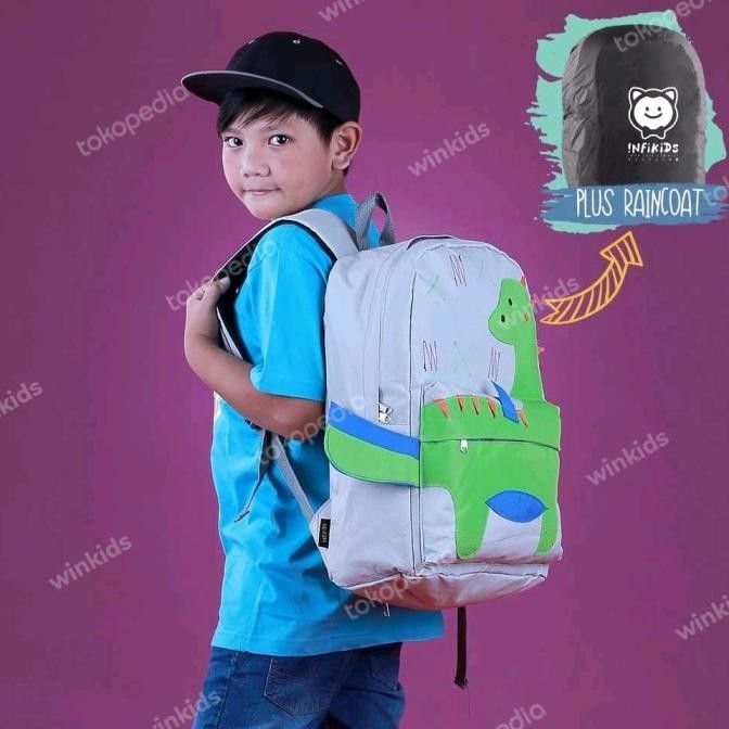 IACBHI Tas backpack sekolah anak cowok cewek dinosaurus dino +raincoat