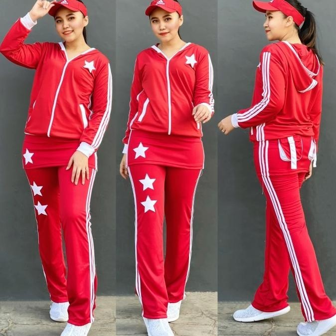 Setelan Baju Senam Lapangan Rok Merah Putih Zumba Aerobik Hijab Muslim