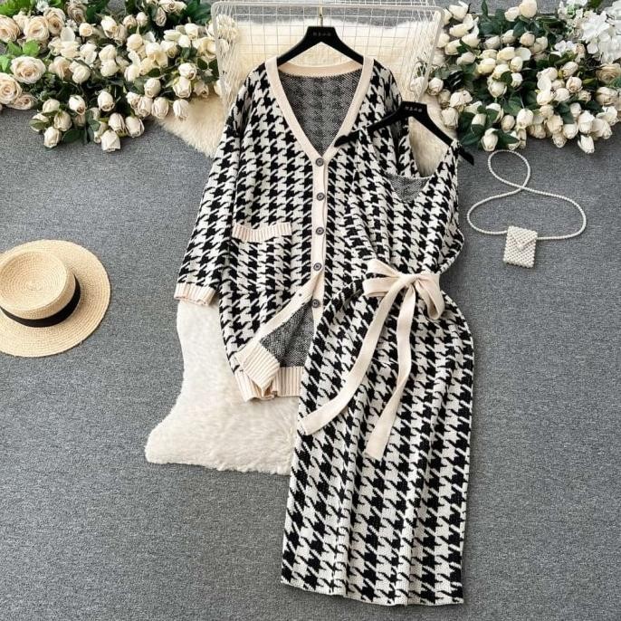 korean dress bali rajut wanita import + belt + cardigan lengan panjang