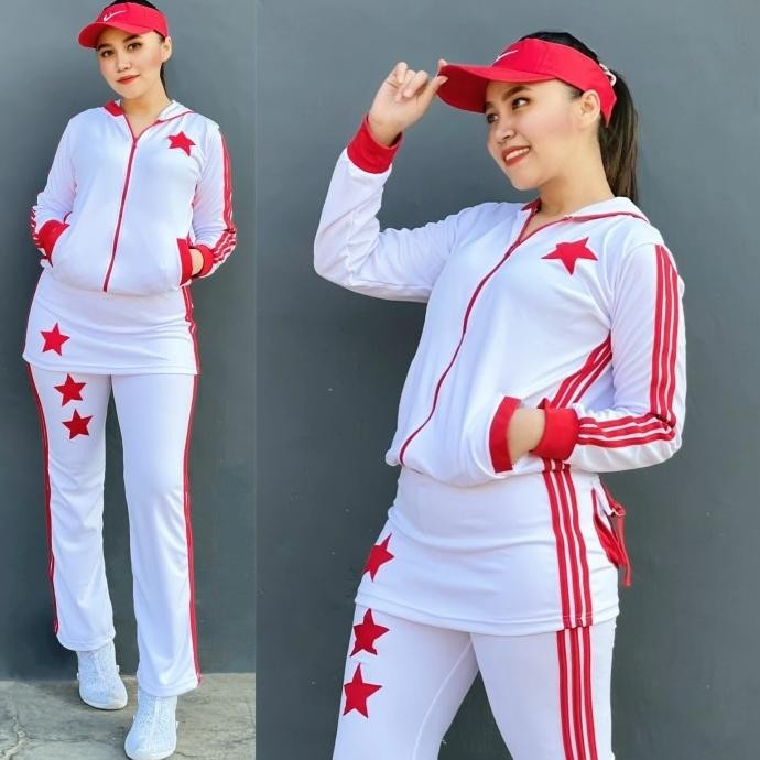Setelan Baju Senam Lapangan Rok Putih Merah Zumba Aerobik Hijab Muslim