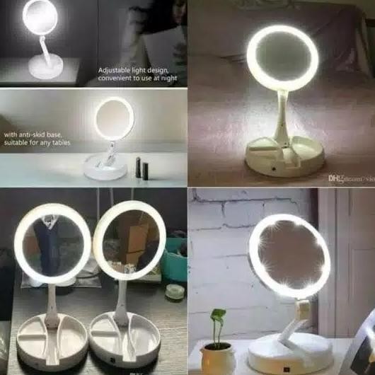 Cermin Make Up Kaca Rias Portable Led Lipat Besar Kecil Bulat Lucu
