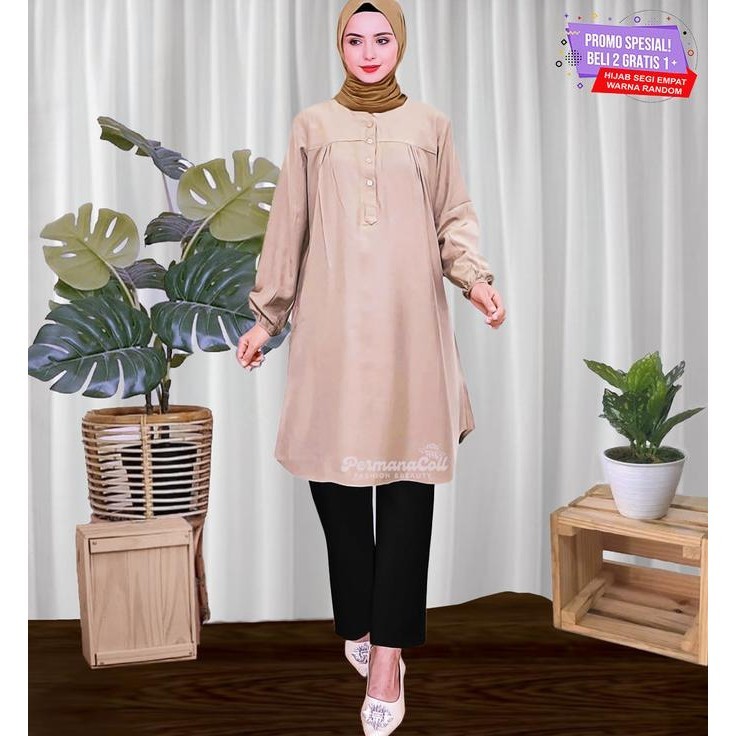 Baju Atasan Tunik Wanita Kemeja Lengan Panjang Cream Tua Jumbo Dewasa