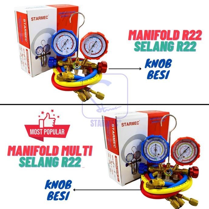 Manifold AC R22 R410 R32 + Selang R22 Starmec (Knob Besi) Double