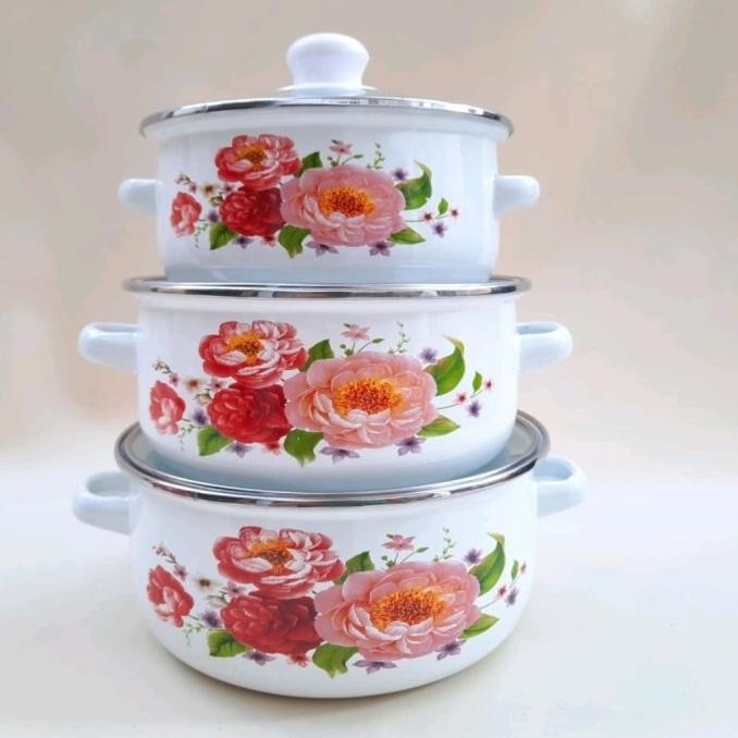 panci set enamel Reoona susun 3 tutup kaca L35A