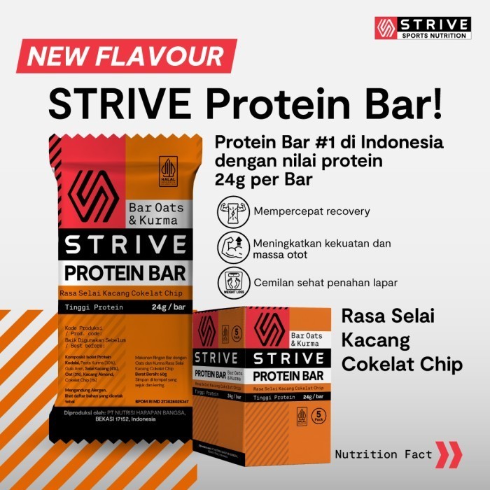 

Strive Protein Bar Rasa Selai Kacang Cokelat Chip - 1 Box Isi 5Pcs