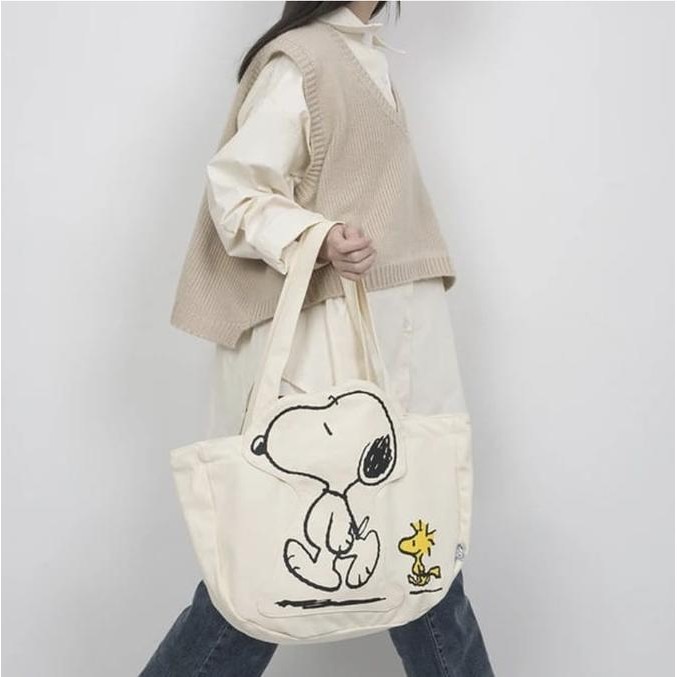 Tas Snoopy ORI Beige Tote Bag Bahan Canvas