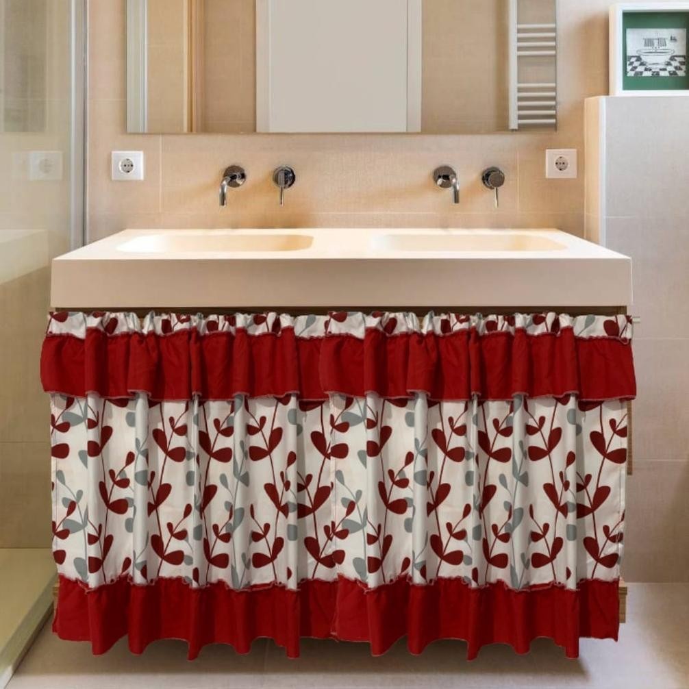 Beli 2 Murah Gorden Kolong Dapur Motif Daun Merah | Gorden Minimali | Bisa Custom Size | Tirai Kolon