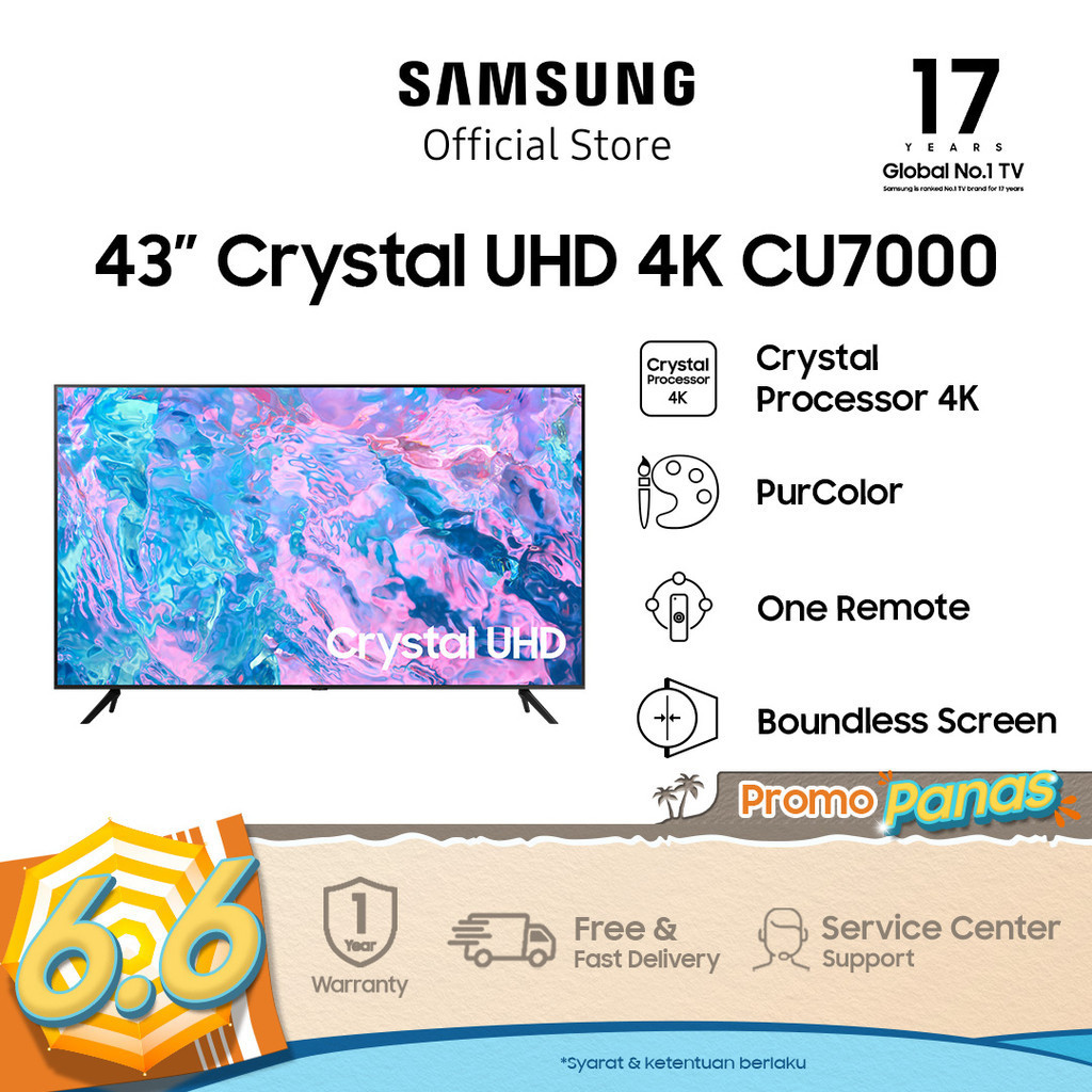 Samsung Smart TV 43 inch Crystal UHD CU7000 dengan Crystal Processor 4K - UA43CU7000KXXD