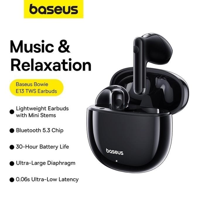 BASEUS BOWIE E13 TWS BLUETOOTH 5.3 EARBUDS LOW LATENCY MODE  - Hitam Import Premium