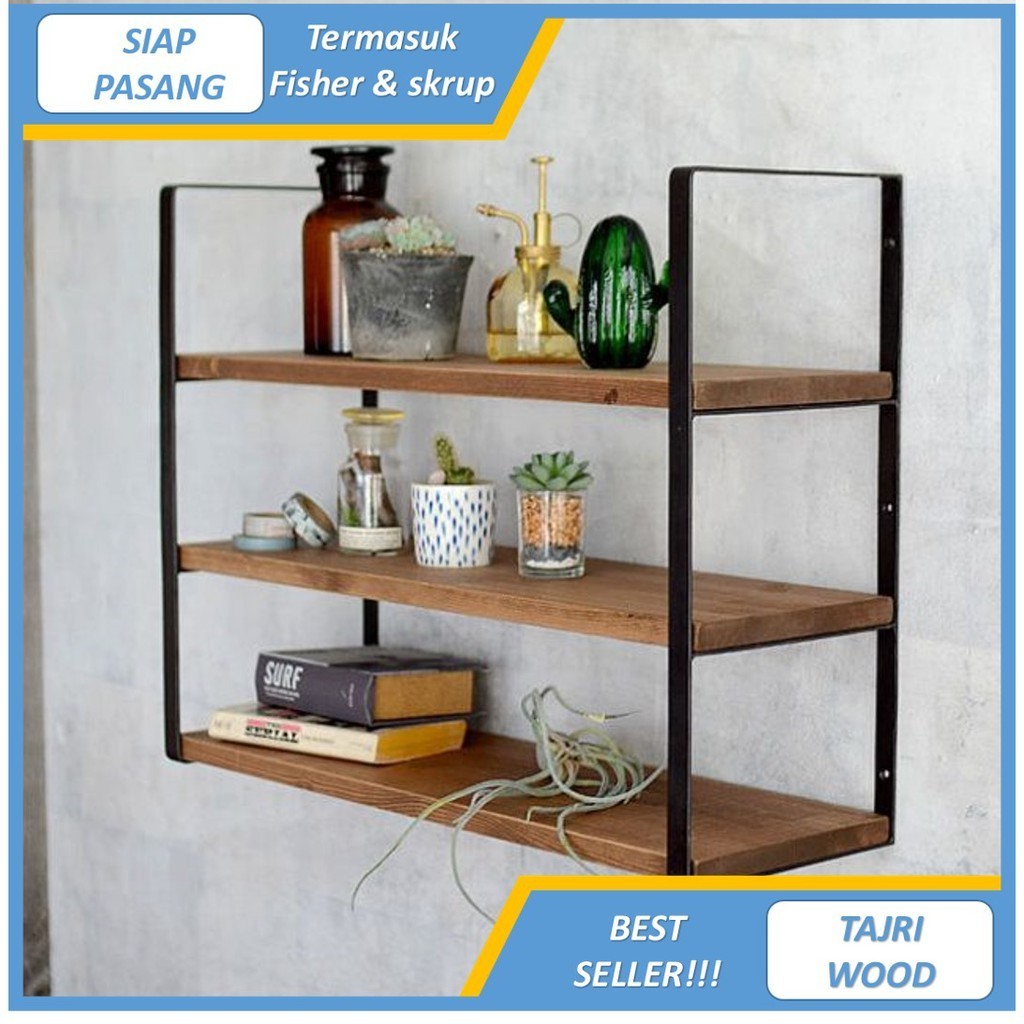 rak dinding 3 ambalan kayu dan besi buku make up hiasan dekorasi rak dinding multifungsi