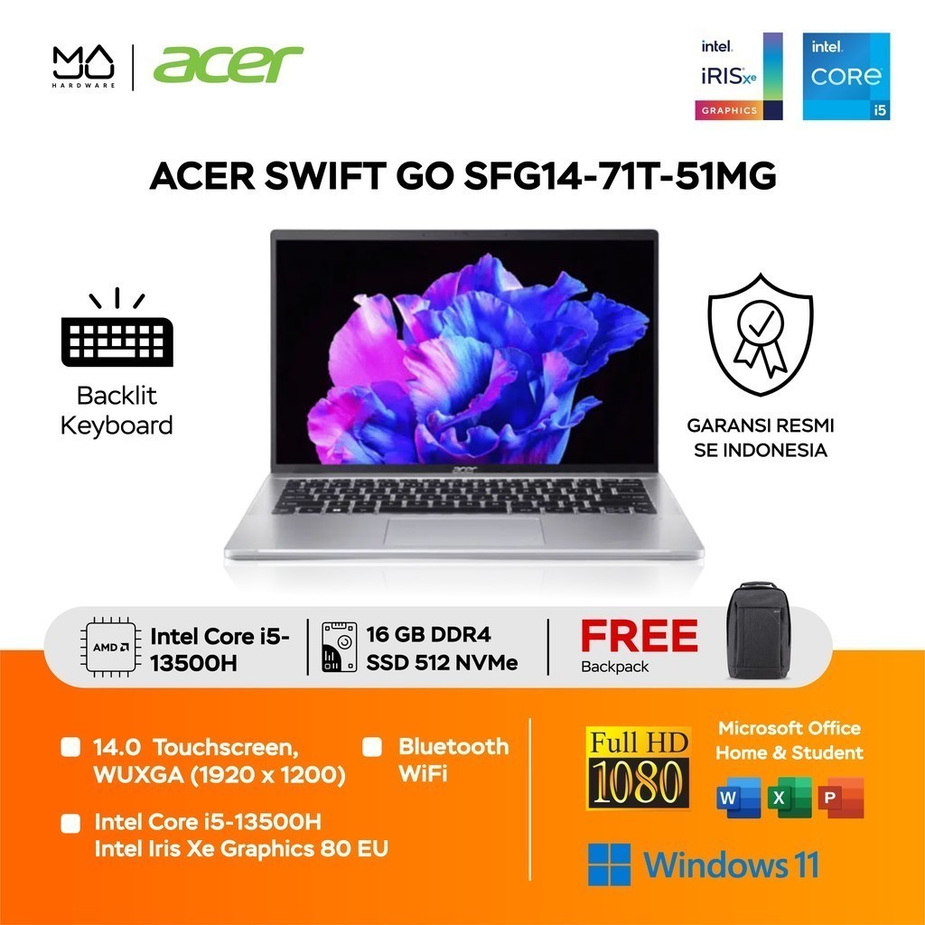 Laptop Acer Swift GO SFG14-71T-51MG TouchScreen – Pure Silver [i5 13500H-16GB-SSD 512GB]