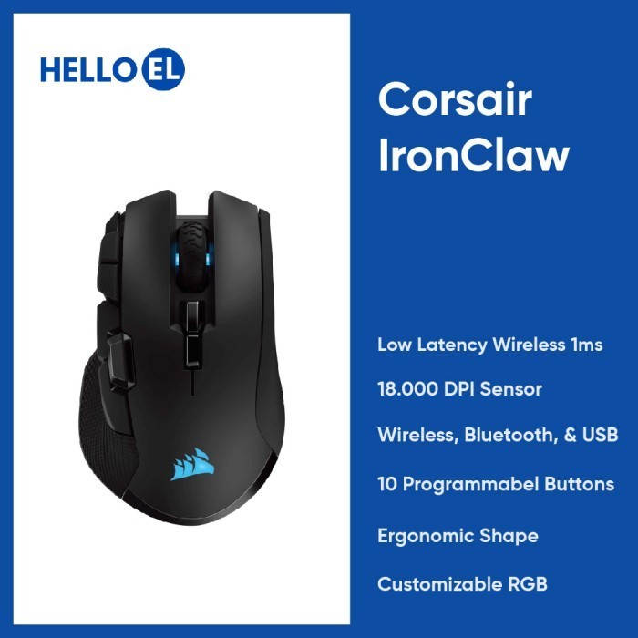 Corsair IRONCLAW RGB WIRELESS Mouse Gaming Wireless Optik Hitam