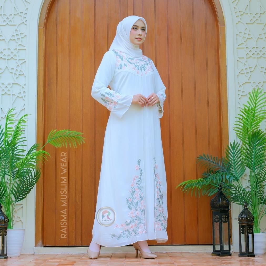 Gamis Umroh & Manasik Haji Putih Kondangan Elegan Mewah Nyya Aplikasi Bordir Sallem Gamis Wanita Sya