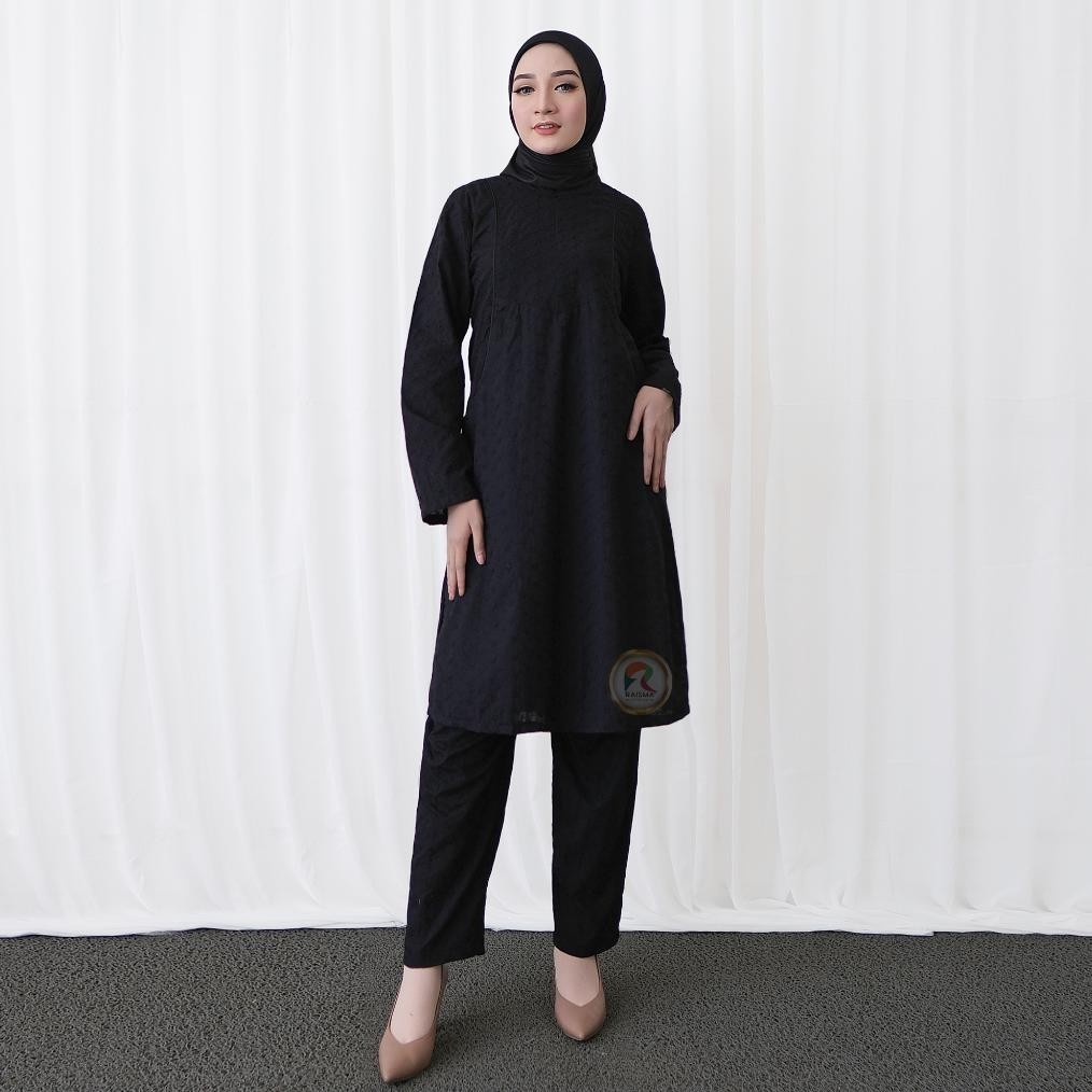 Gamis Umroh & Manasik Haji Pakaian Setelan Set Baju Muslimah Tunik Dan Celana Karet Warna Hitam Baha