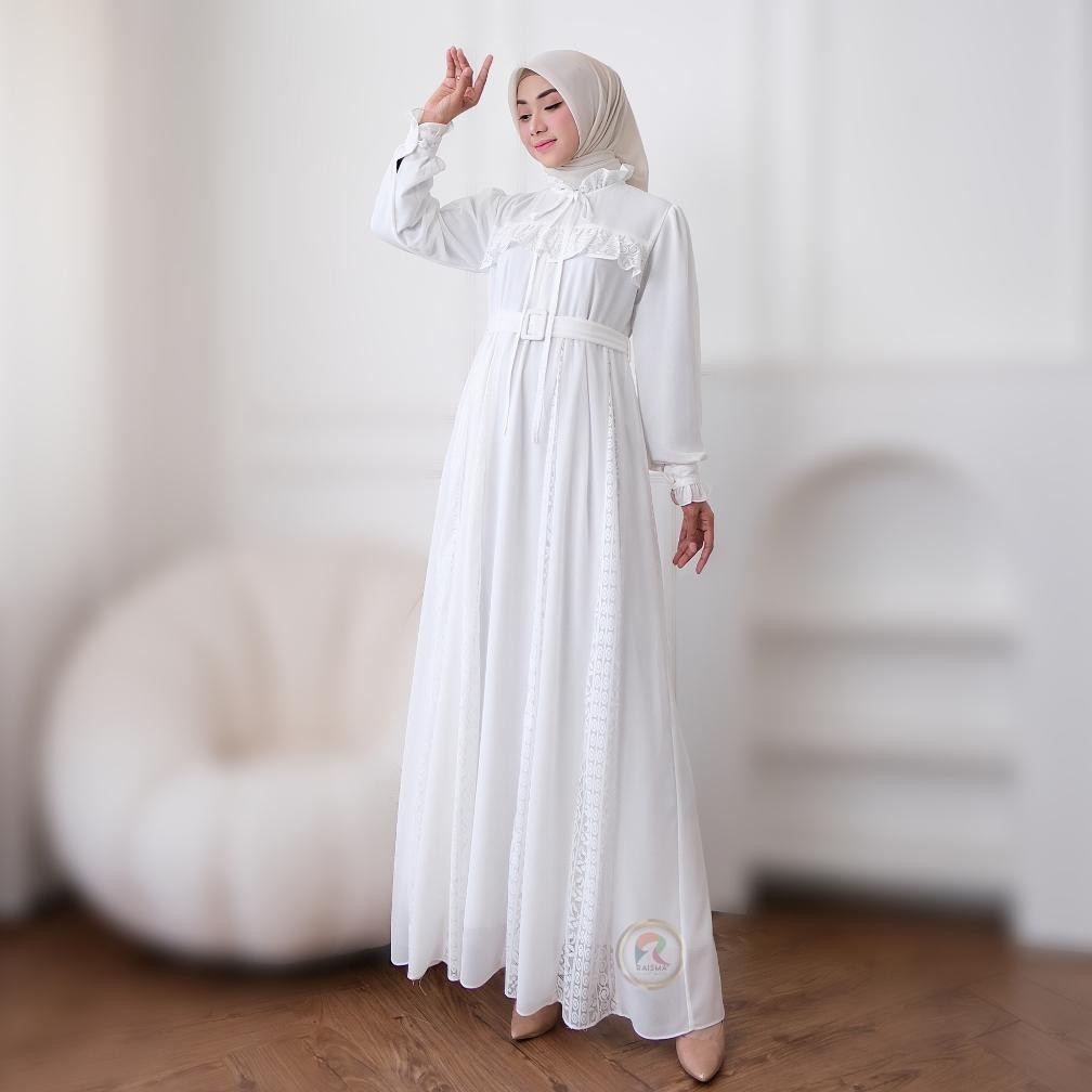 Gamis Umroh & Manasik Haji Putih Ceruti Mix Brokat Pecah 8 Gamis Wanita Syari Remaja Kekinian