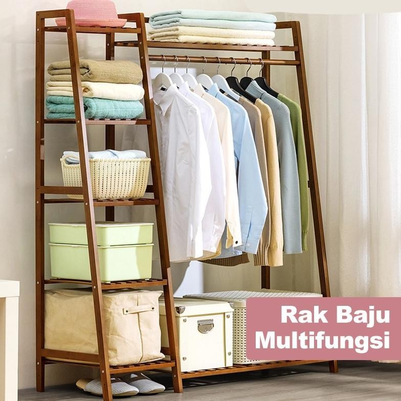 Rak Baju Serbaguna Stand Hanger LemariBaju dan Buku Kayu HSH202