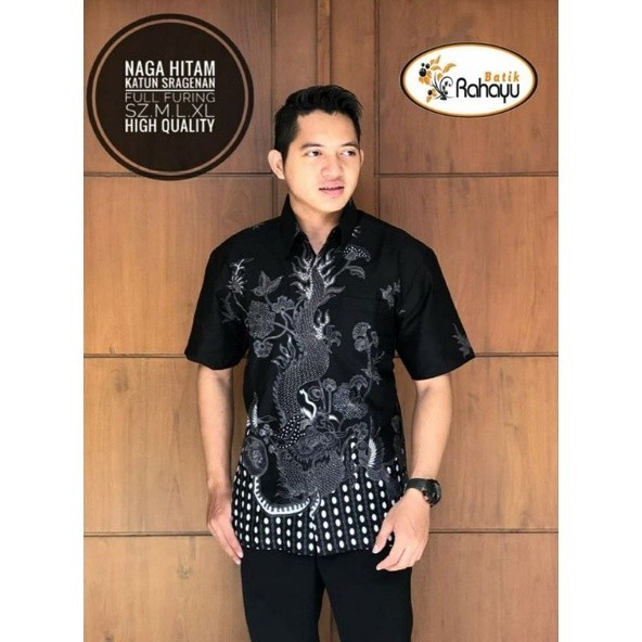 Batik Keraton // Naga Hitam RAHAYU Kemeja batik pria motif naga abu hitam lengan pendek non furing