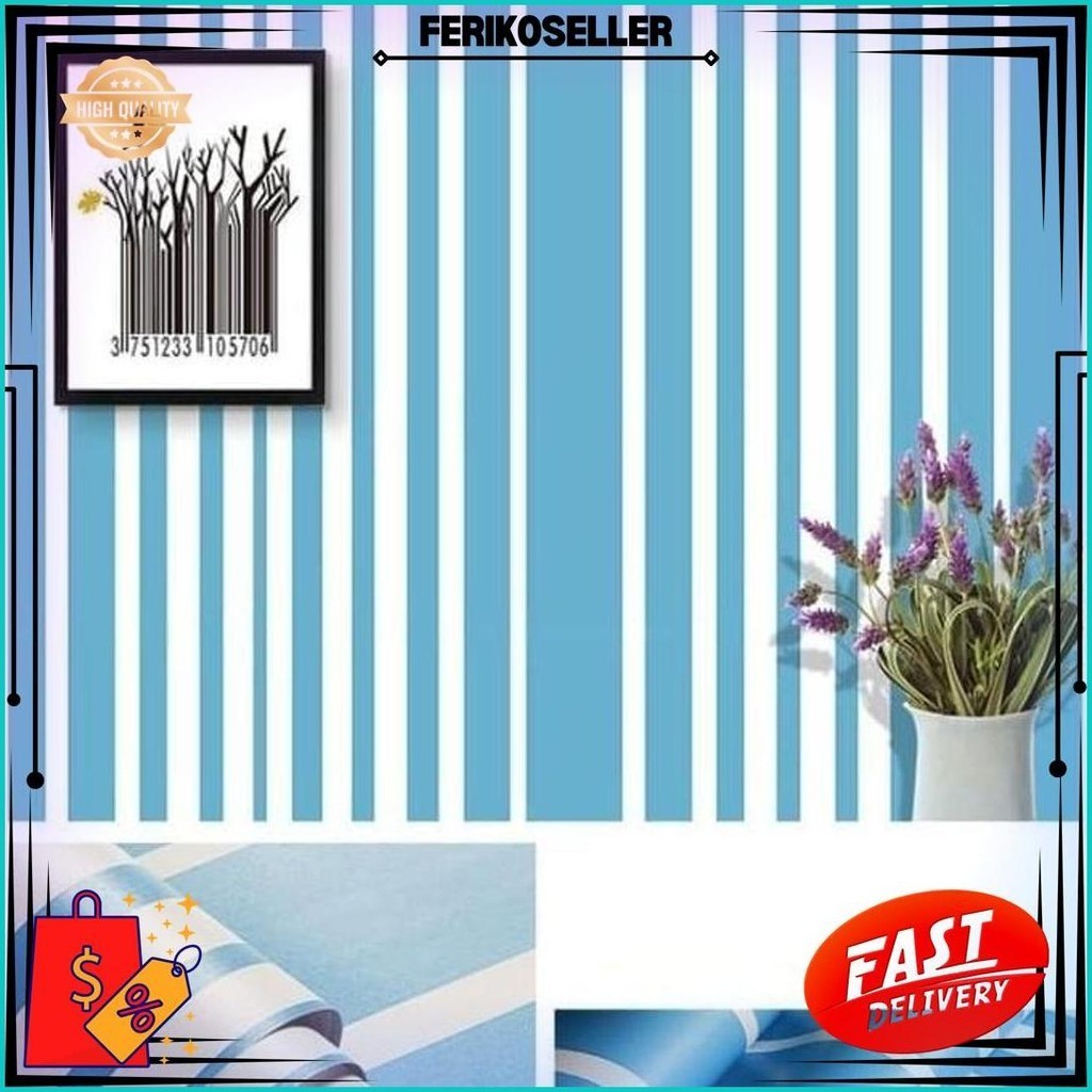 Wallpaper Dinding Kamar Tidur Garis Biru Promo