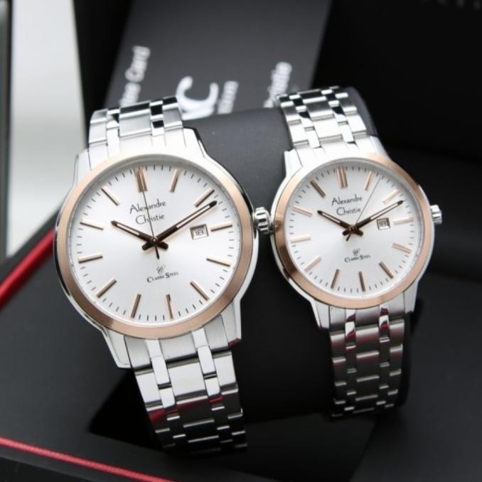Jam Tangan Alexandre Christie Couple Original AC8657 Silver Rosegold