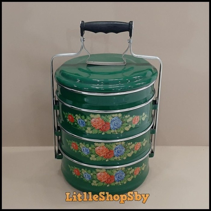 Bermutu Rantang Enamel Besar Susun 4 Ukuran 24Cm Motif Mawar Hijau