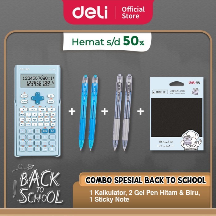 

PAKET SIAP SEKOLAH DELI - Kalkulator Ilmiah, 4 Gel Pen, 1 Sticky Notes