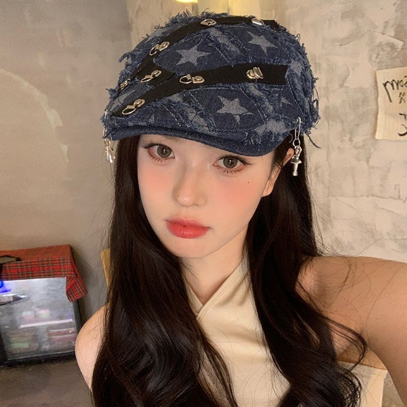 Gaya Korea Berjumbai Tepi XINGX Denim Baret Wanita Musim Panas2Topi Newsboy Kecil Kasual Semua