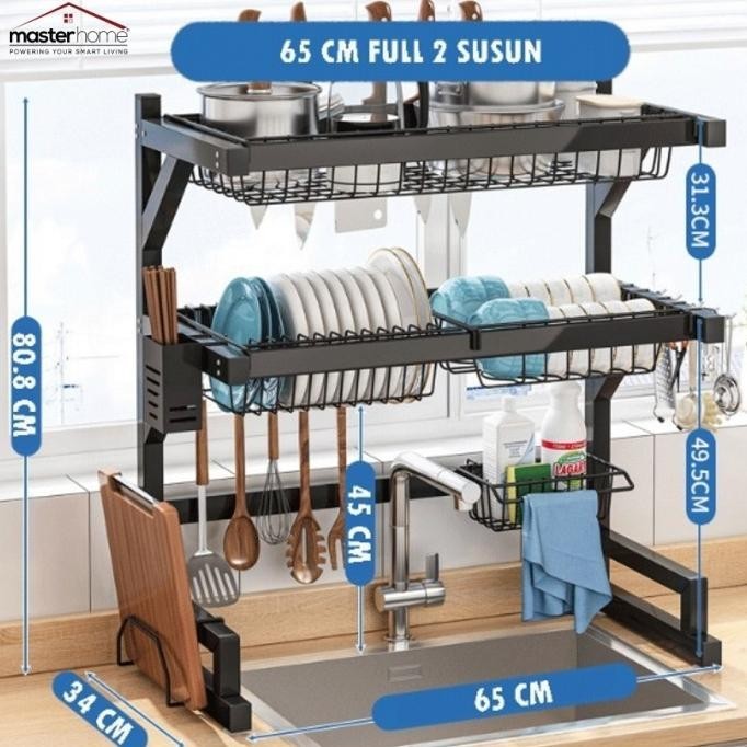 [New] Rak Dapur Stainless Hitam Rak Wastafel Piring Dapur 2 Susun