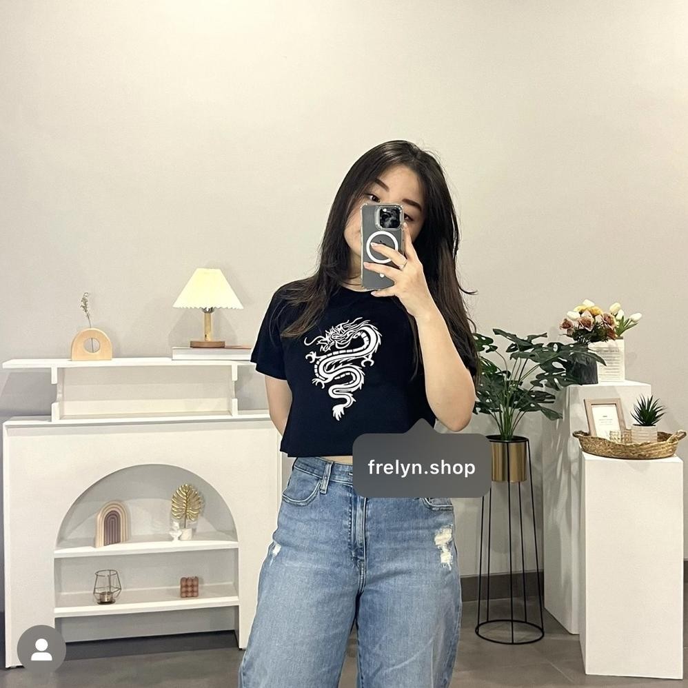 Frelyn Shop - Crop Top Motif | Baju Kaos Tumblr Crop Tee Tshirt Kaos Korea Fashion Wanita Sage Beige