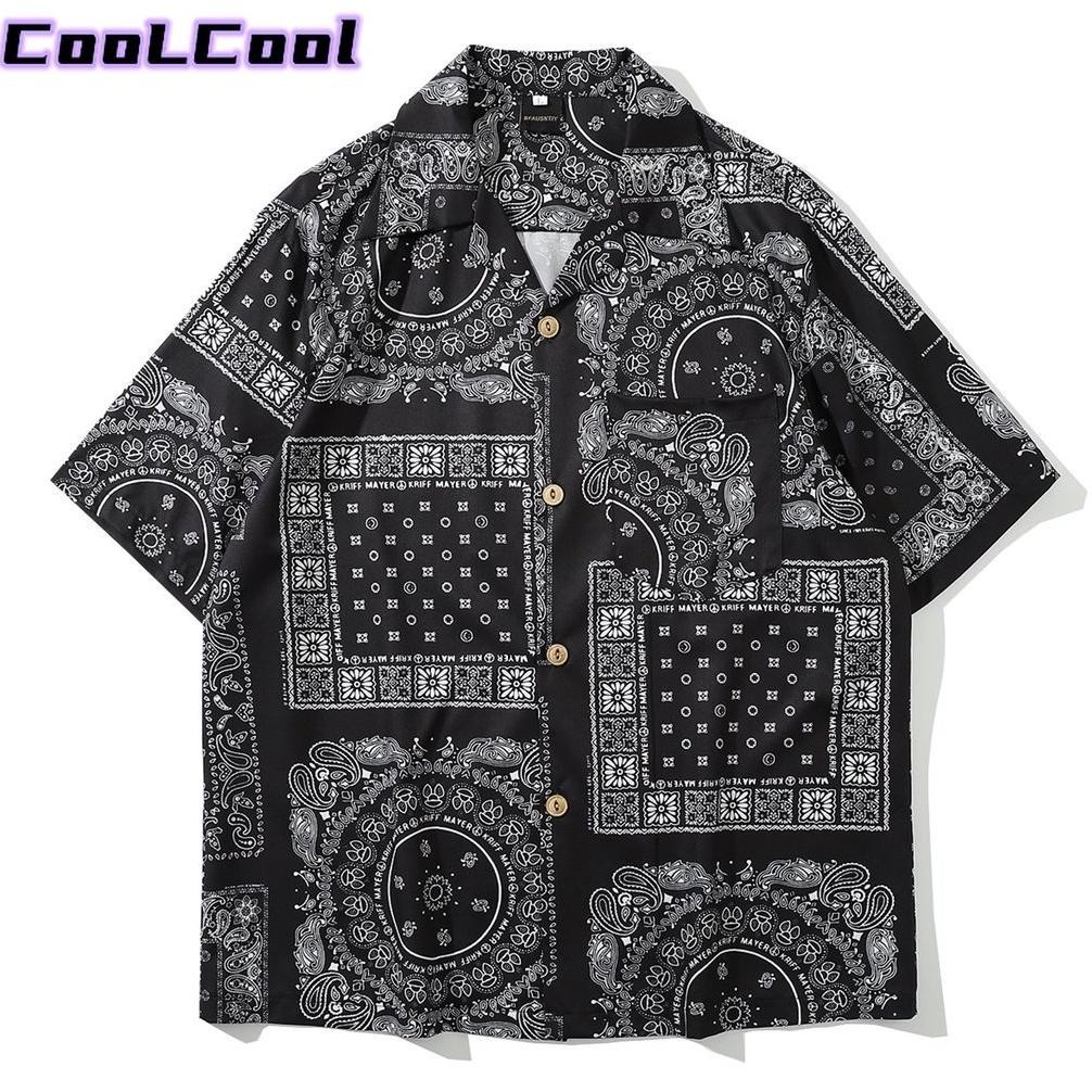 Baju Kemeja Tactical Pria Lapangan Outdoor Geometris Hitam Biru Batik Printing Longgar Shirts Kasual