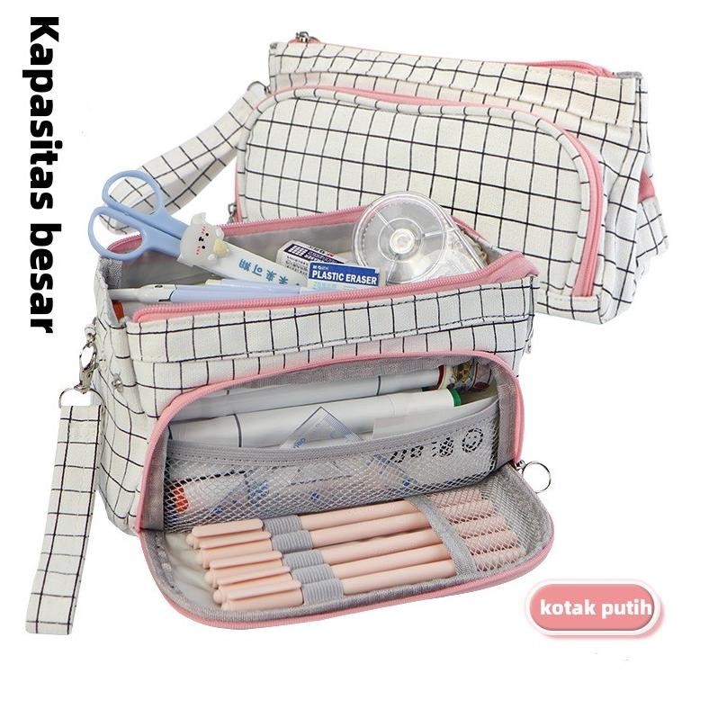 

Tas pensil kotak-kotak kanvas sederhana tas kosmetik kapasitas besar tas alat tulis portabel siswa sekolah dasar dan menengah