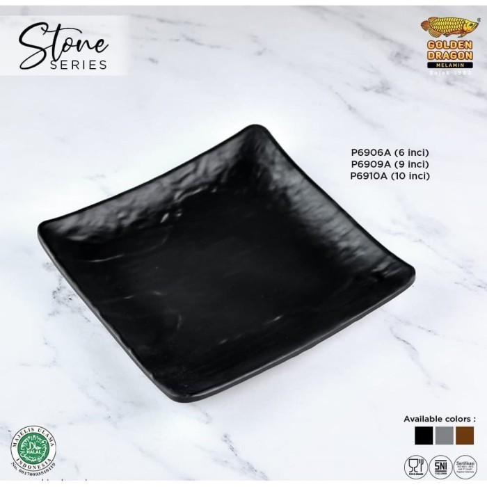 Piring Kotak P6909A Relief Batu Hitam 9 Inc Golden Dragon