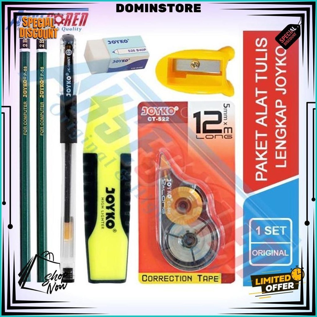 

Perlengkapan Paket Alat Tulis Ujian Sekolah Joyko Pulpen Pensil Rautan Penghapus Tip X Highlighter Sale