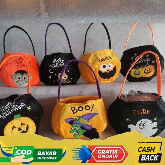 

PROMO TABB TAS HALLOWEEN PUMPKIN LABU TRICK OR TREAT GOODIE BAG FLANEL BULU KAIN E.COS
