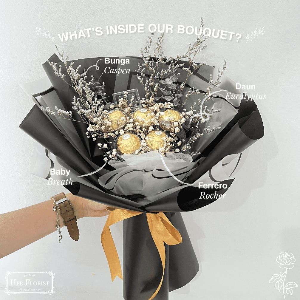 

CR - HER.FLORIST 5PCS Ferrero Rocher Buket/ Buket Bunga Baby Breath dan Cokelat Ferrero Rocher / Ferero/ Chocolate/ Coklat/ Hadiah TERLARIS