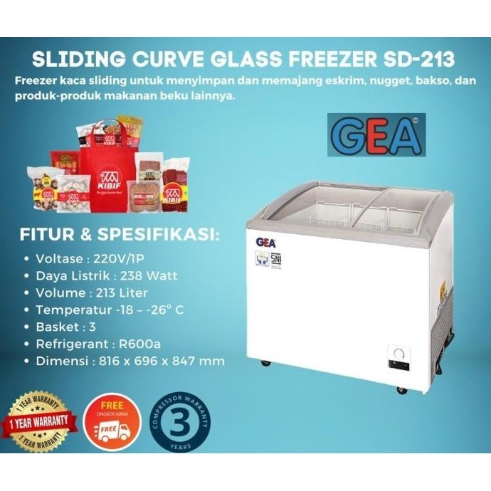 [Baru] Gea Sd-213 Sliding Curve Glass Freezer Sd213 / Sd 213 / Sd-213