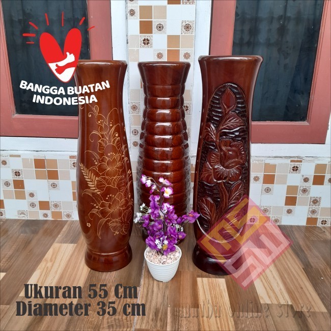 Gra Guci Vas Bunga Motif Pahat Kayu Jati Ukuran 57 Cm