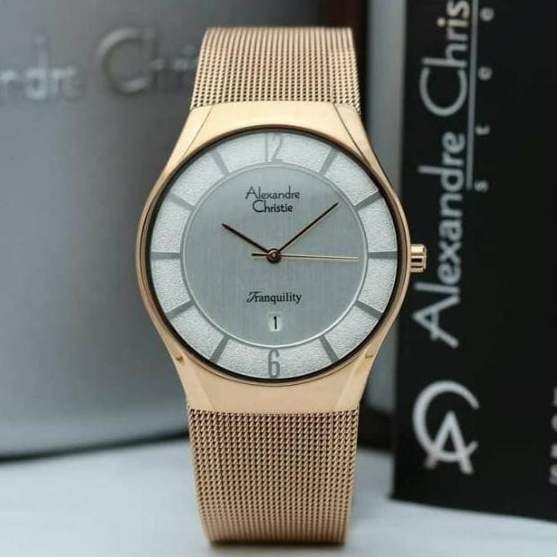 [New] Alexandre Christie 8331 Jam Tangan Pria Rantai Pasir Tipis Rosegold