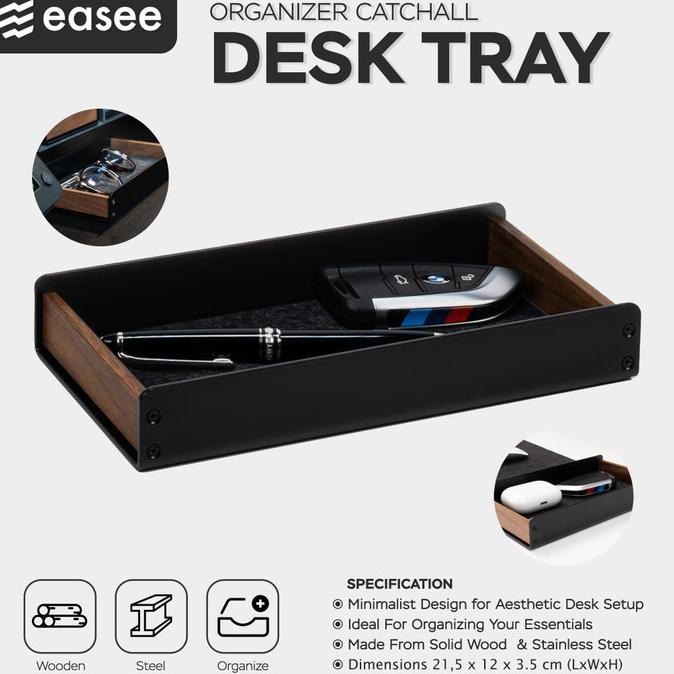 

Wooden Desk Tray Organizer Box - Catchall Wood with Metal Felt Premium