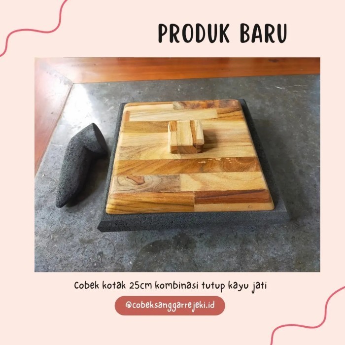 Dheao Cobek Kotak Batu Asli Muntilan Tutup Kayu