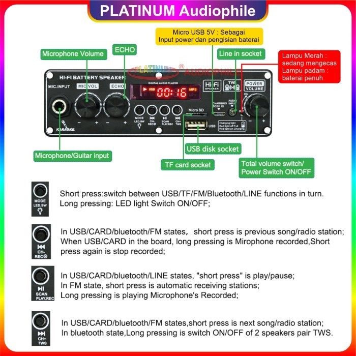 Modul Mp3 Decoder Bluetooth Karaoke Amplifier 2X 10W Multimedia Trolley Speaker Jq-2269